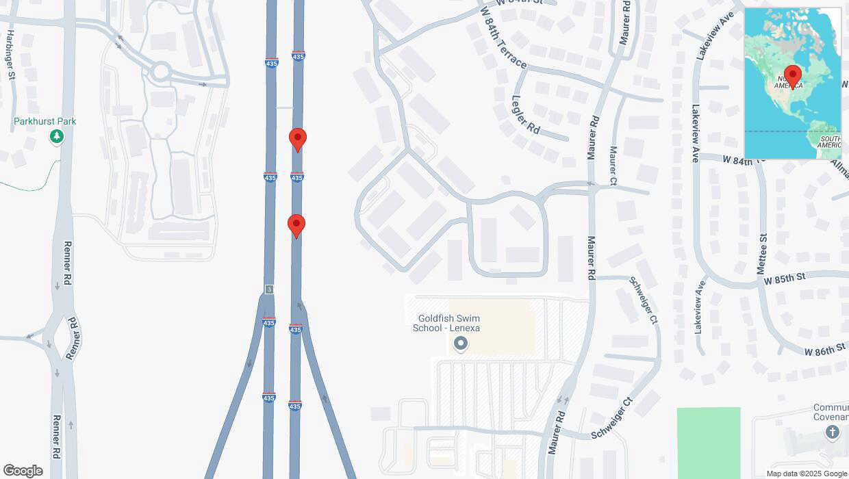 A detailed map that shows the affected road due to 'Broken down vehicle on northbound I-435 in Lenexa' on January 19th at 5:16 p.m.
