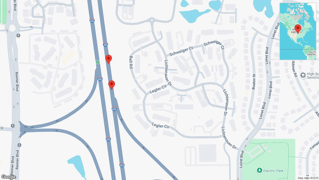 A detailed map that shows the affected road due to 'Broken down vehicle on northbound I-435 in Lenexa' on January 19th at 5:48 p.m.
