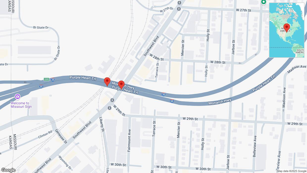 A detailed map that shows the affected road due to 'Broken down vehicle on northbound I-35 in Kansas City' on January 20th at 3:49 p.m.