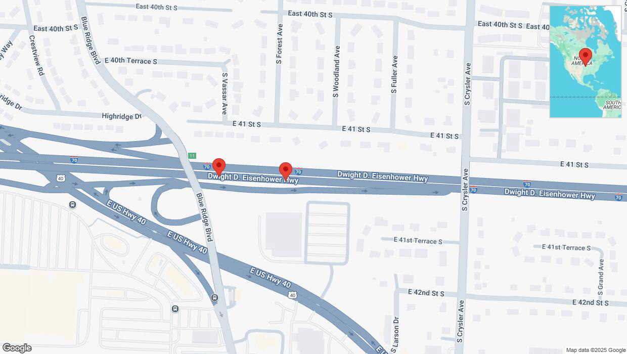 A detailed map that shows the affected road due to 'Broken down vehicle on eastbound I-70 in Independence' on January 20th at 6:20 p.m.