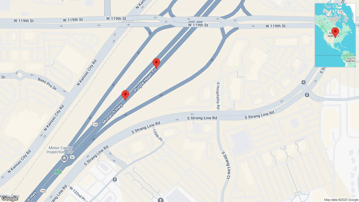 A detailed map that shows the affected road due to 'Broken down vehicle on eastbound I-35 in Olathe' on January 20th at 5:52 p.m.