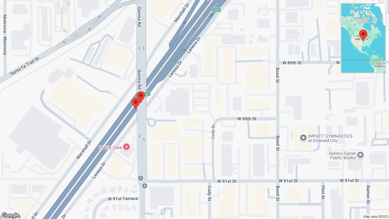 A detailed map that shows the affected road due to 'Broken down vehicle on eastbound I-35 in Lenexa' on January 21st at 12:23 p.m.