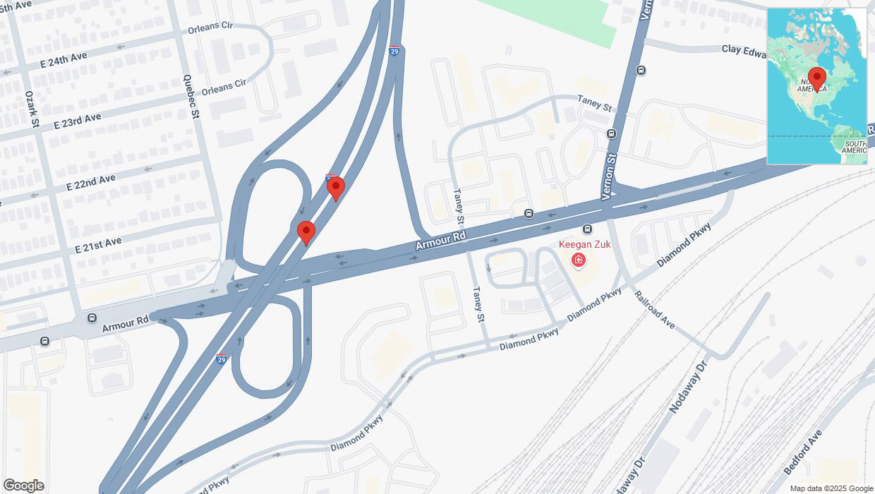 A detailed map that shows the affected road due to 'Broken down vehicle on northbound I-29/I-35 in North Kansas City' on January 21st at 4:32 p.m.