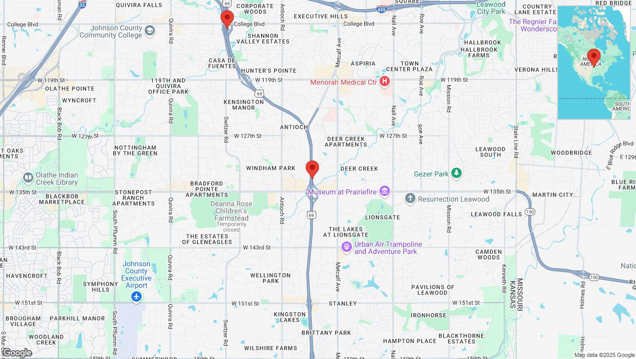 A detailed map that shows the affected road due to 'Lane on US-69 closed in Overland Park' on January 25th at 9:50 p.m.