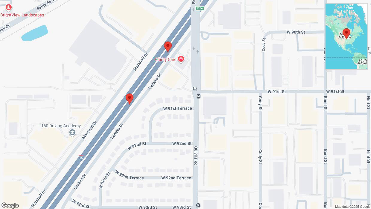 A detailed map that shows the affected road due to 'Broken down vehicle on eastbound I-35 in Lenexa' on January 22nd at 3:33 p.m.