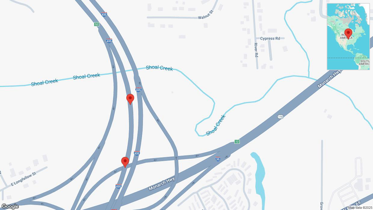 A detailed map that shows the affected road due to 'Broken down vehicle on southbound I-435 in Kansas City' on January 22nd at 6:39 p.m.