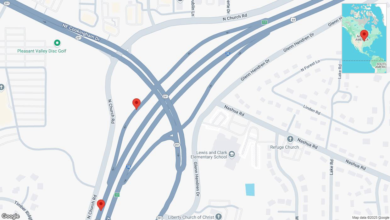 A detailed map that shows the affected road due to 'Warning: Crash on North Church Road in Liberty' on January 22nd at 6:39 p.m.