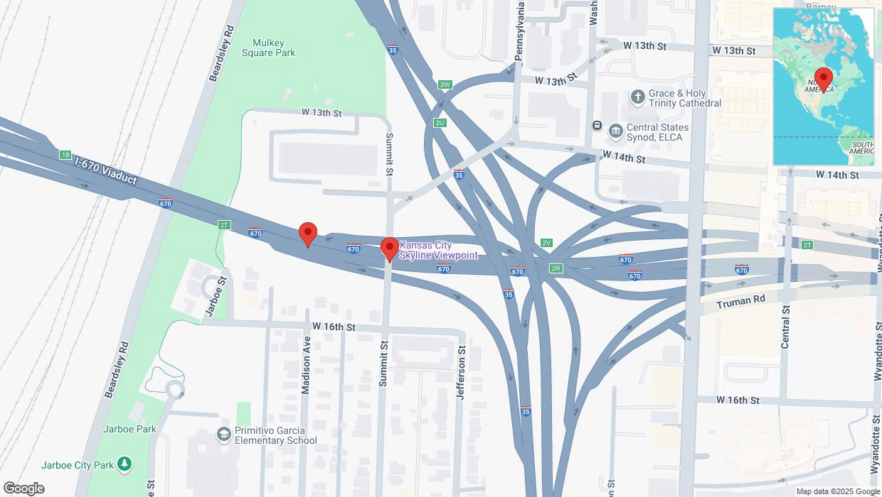 A detailed map that shows the affected road due to 'Broken down vehicle on eastbound I-670 in Kansas City' on January 22nd at 8:41 p.m.