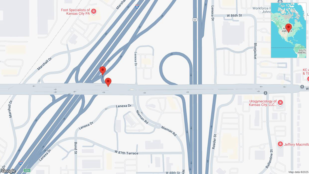 A detailed map that shows the affected road due to 'West 87th Street Parkway closed in Lenexa' on January 22nd at 9:54 p.m.