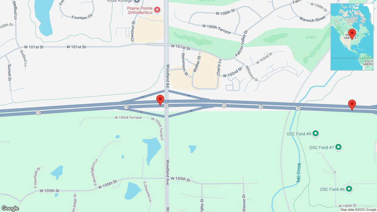 A detailed map that shows the affected road due to 'Lane on K-10 closed in Lenexa' on January 23rd at 9:04 a.m.