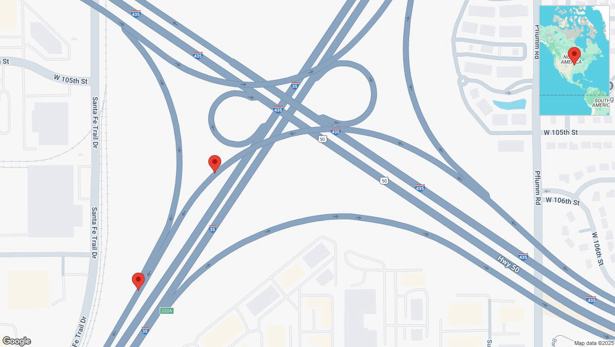 A detailed map that shows the affected road due to 'Broken down vehicle on westbound US-50 West in Lenexa' on January 23rd at 2:03 p.m.