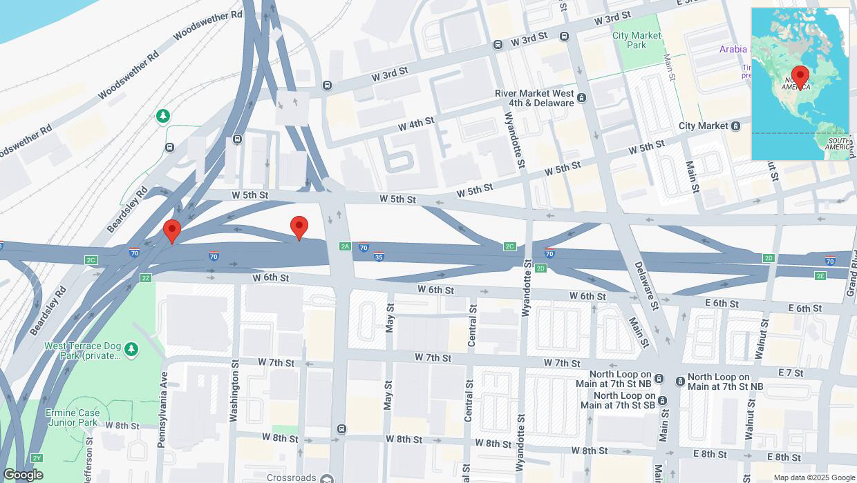 A detailed map that shows the affected road due to 'Broken down vehicle on southbound I-35 South in Kansas City' on January 23rd at 2:38 p.m.