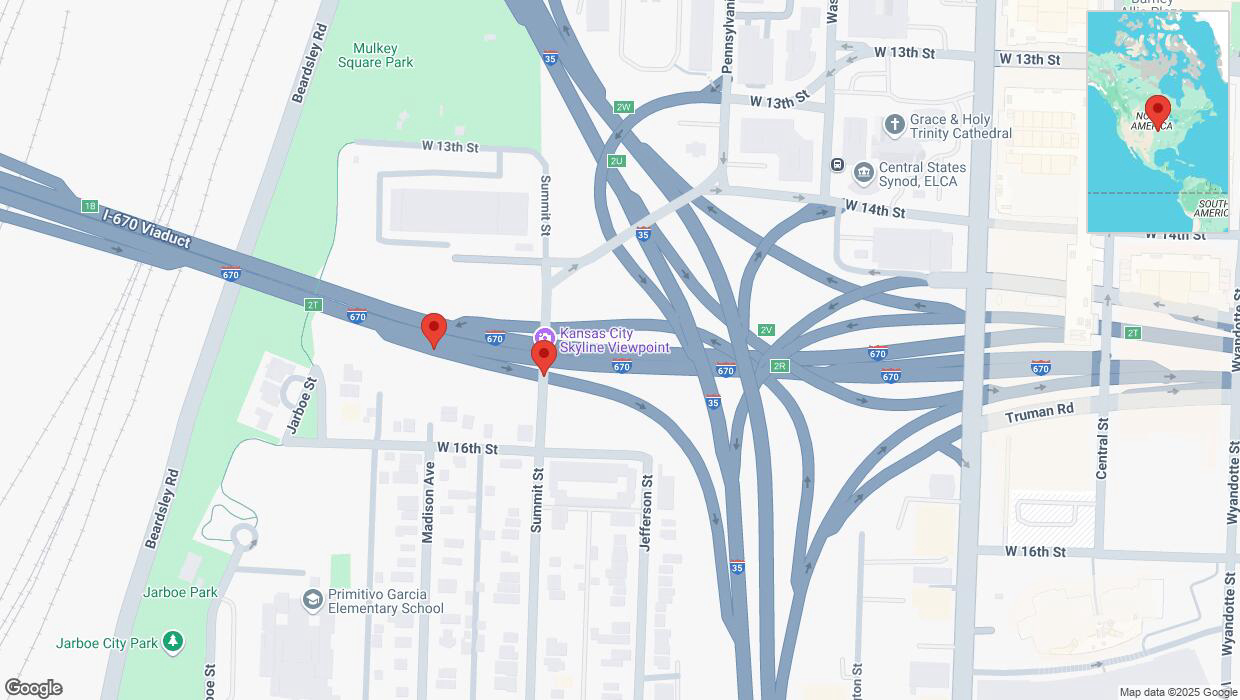 A detailed map that shows the affected road due to 'Broken down vehicle on Madison Avenue in Kansas City' on January 23rd at 3:24 p.m.