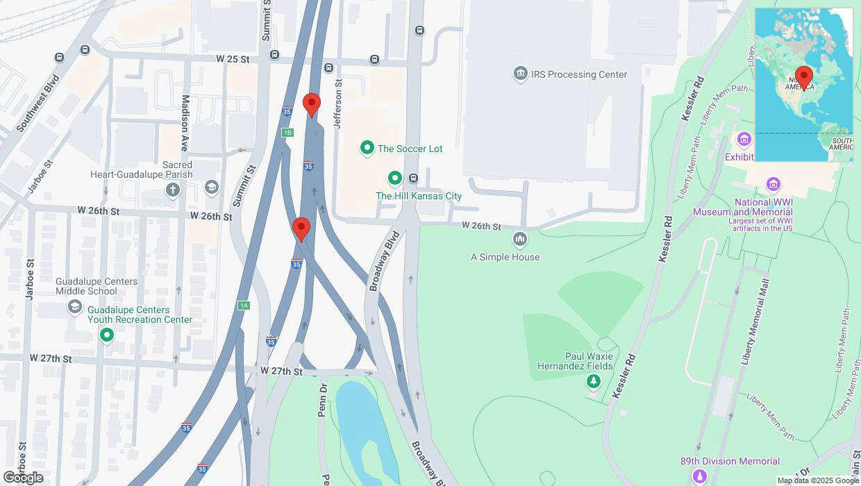 A detailed map that shows the affected road due to 'Broken down vehicle on northbound I-35 in Kansas City' on January 23rd at 4:13 p.m.