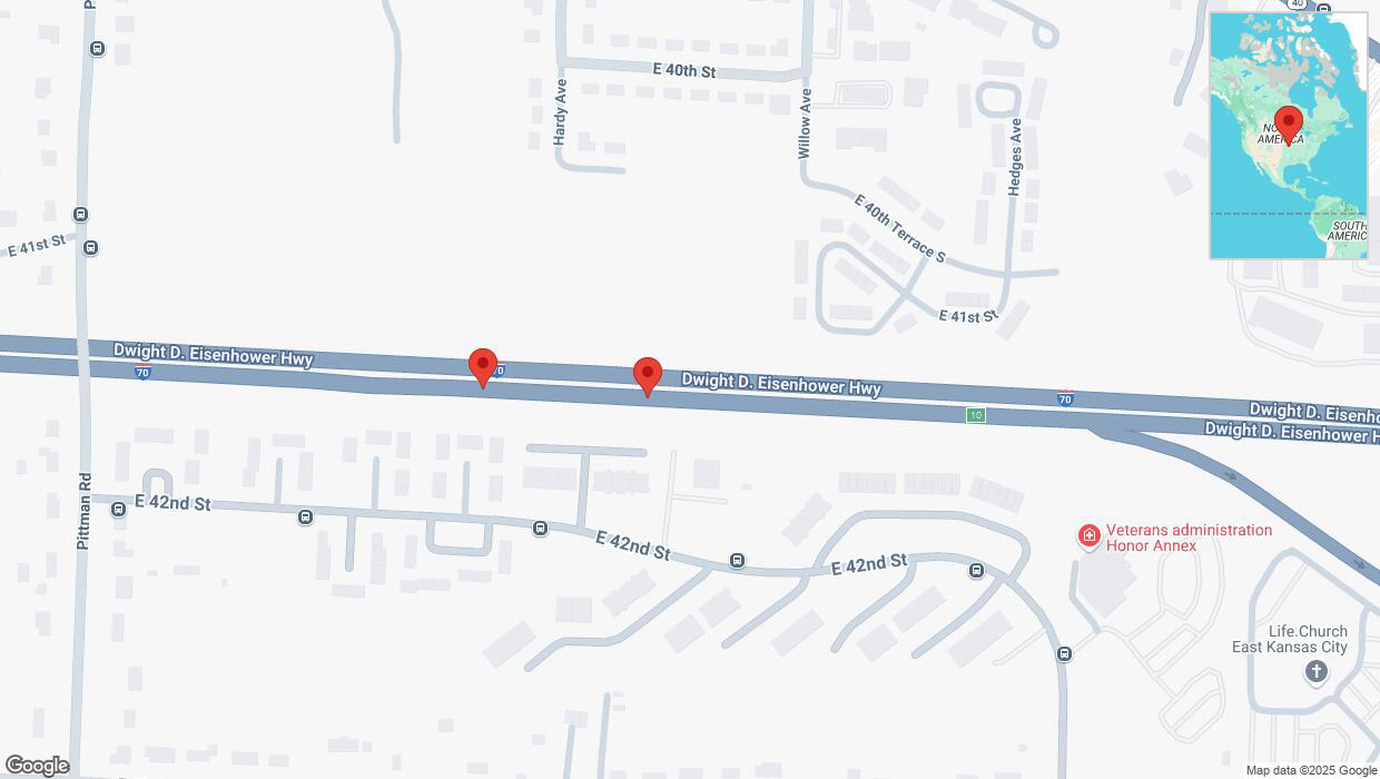 A detailed map that shows the affected road due to 'Crash reported on eastbound I-70 in Kansas City' on January 23rd at 8:56 p.m.