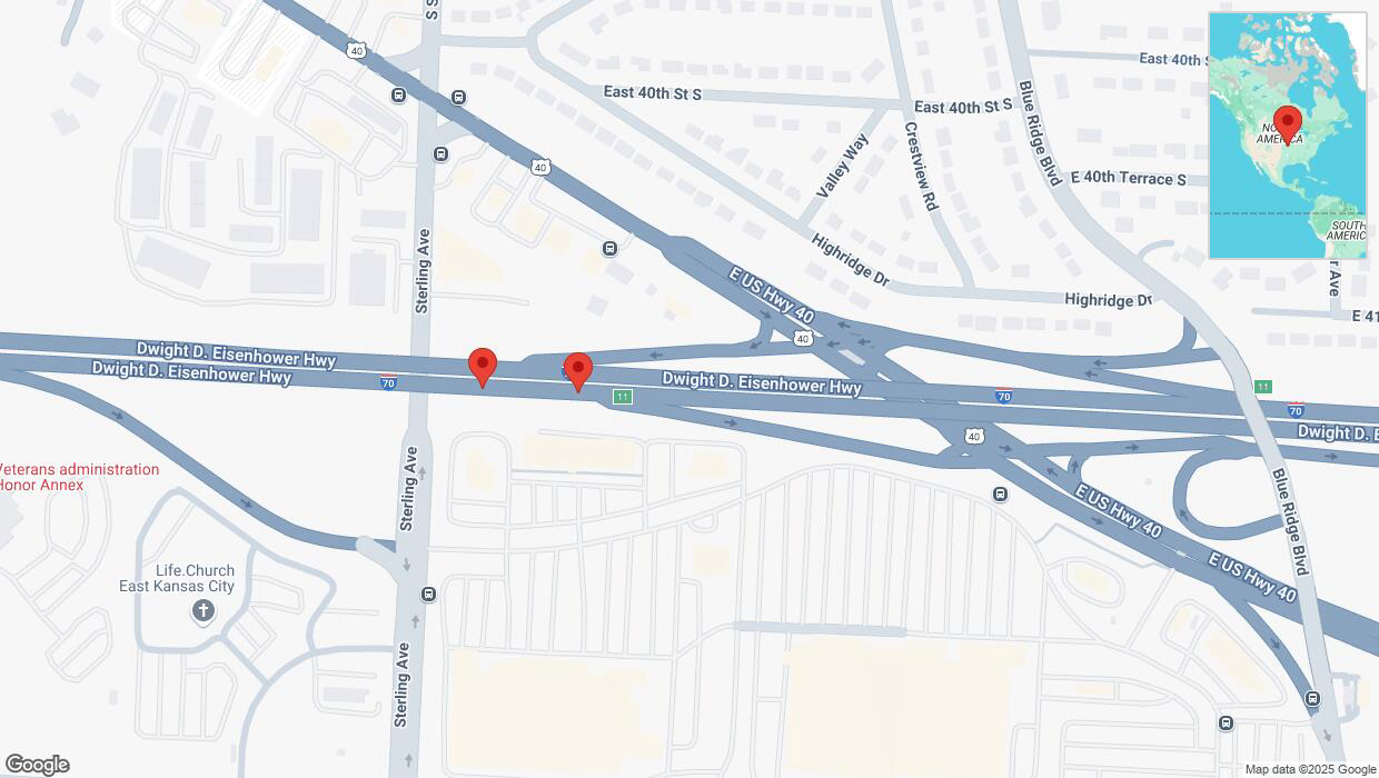 A detailed map that shows the affected road due to 'Broken down vehicle on eastbound I-70 in Kansas City' on January 24th at 1:16 p.m.