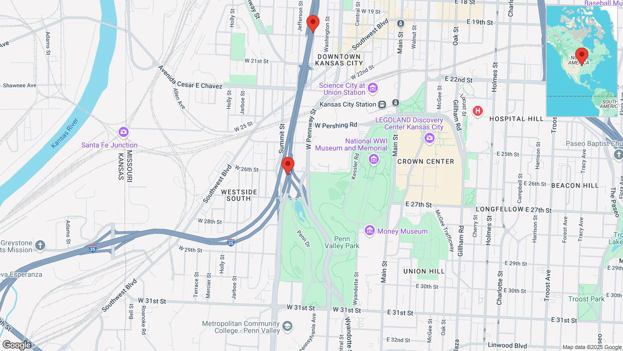 A detailed map that shows the affected road due to 'Warning in Kansas City: Crash reported on northbound I-35' on January 24th at 1:49 p.m.