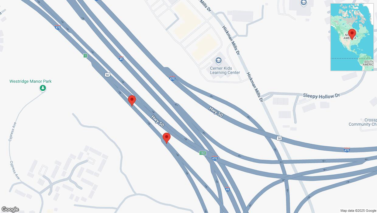A detailed map that shows the affected road due to 'Broken down vehicle on U.S. 50 in Kansas City' on January 24th at 5:27 p.m.