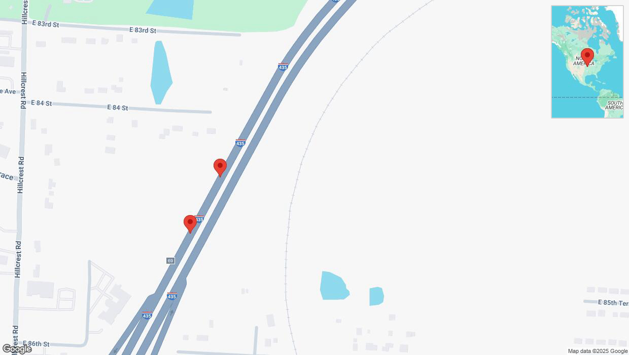 A detailed map that shows the affected road due to 'Broken down vehicle on southbound I-435 in Kansas City' on January 24th at 11:07 p.m.