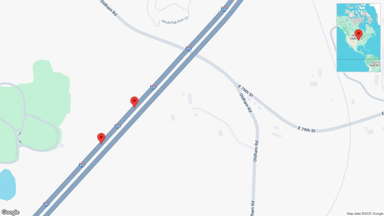 A detailed map that shows the affected road due to 'Broken down vehicle on southbound I-435 in Kansas City' on January 24th at 7:43 p.m.