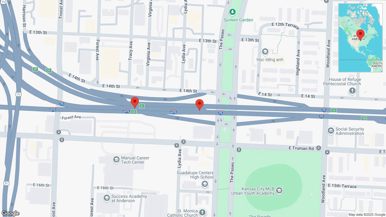 A detailed map that shows the affected road due to 'Broken down vehicle on eastbound I-70 in Kansas City' on January 24th at 11:17 p.m.