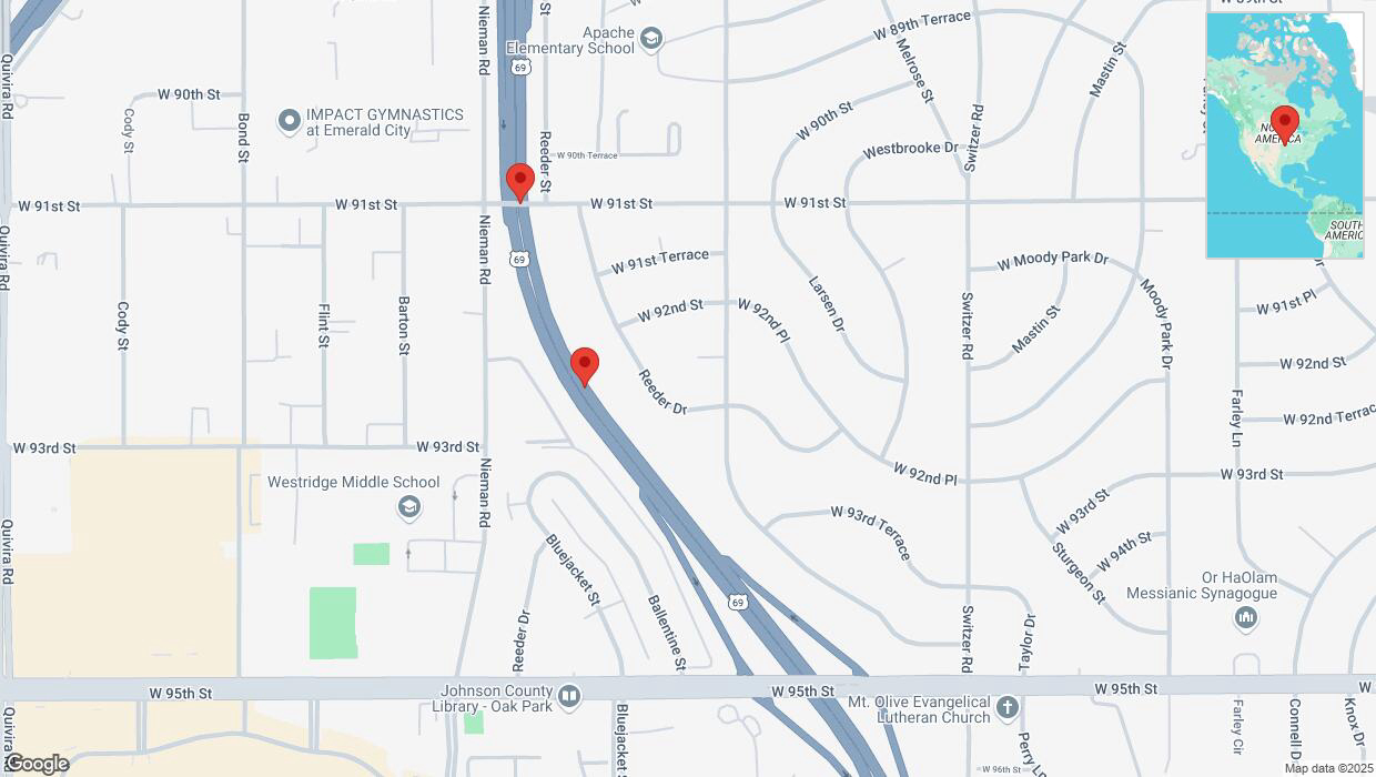 A detailed map that shows the affected road due to 'Broken down vehicle on northbound US-69 in Overland Park' on January 25th at 12:34 p.m.