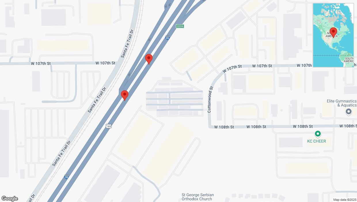 A detailed map that shows the affected road due to 'Warning in Lenexa: Crash reported on eastbound I-35' on January 25th at 2:52 p.m.