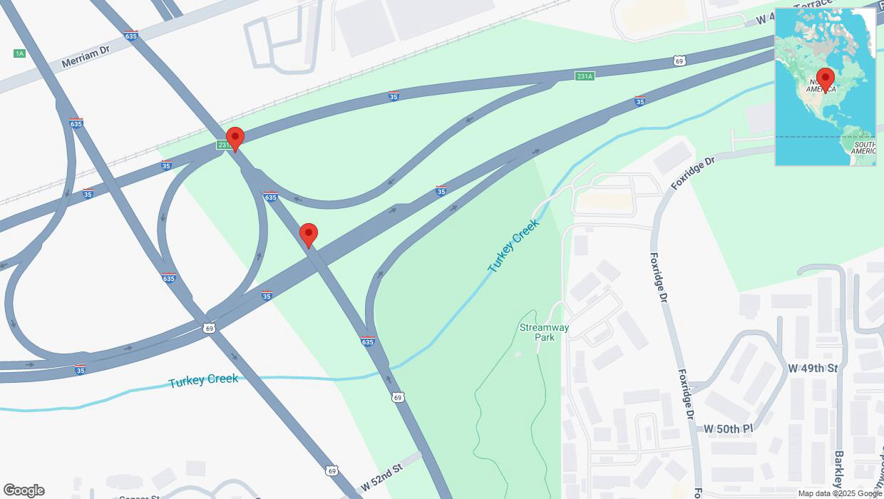 A detailed map that shows the affected road due to 'Broken down vehicle on northbound US-69/Metcalf Avenue/US-169 in Mission' on January 25th at 7:38 p.m.
