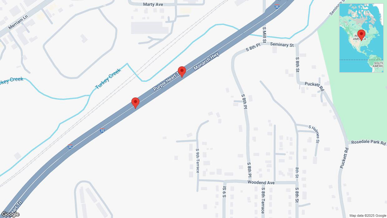 A detailed map that shows the affected road due to 'Broken down vehicle on northbound I-35 in Kansas City' on January 25th at 11:17 p.m.