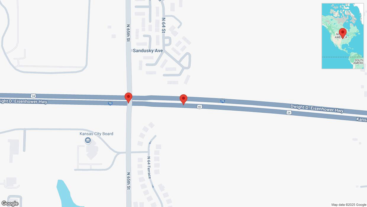 A detailed map that shows the affected road due to 'Broken down vehicle on eastbound I-70 in Kansas City' on January 26th at 10:51 p.m.
