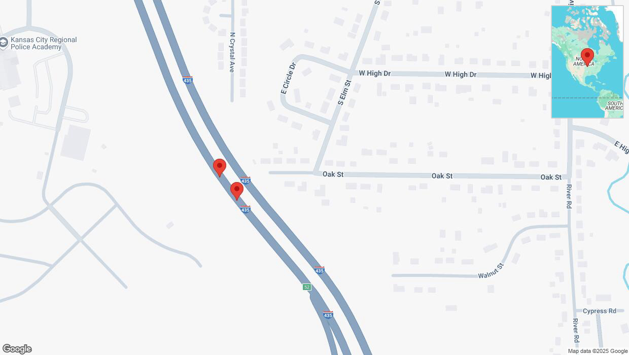 A detailed map that shows the affected road due to 'Broken down vehicle on southbound I-435 in Liberty' on January 27th at 12:12 p.m.