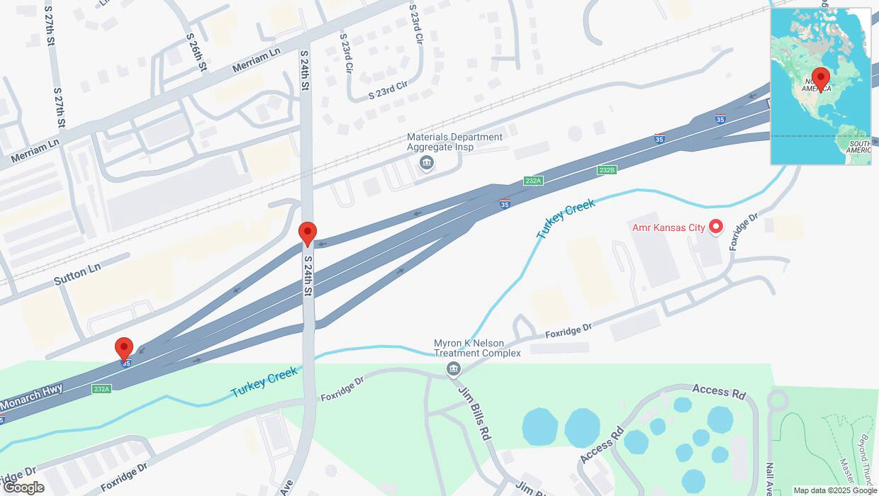 A detailed map that shows the affected road due to 'Broken down vehicle on South 24th Street in Kansas City' on January 27th at 4:11 p.m.