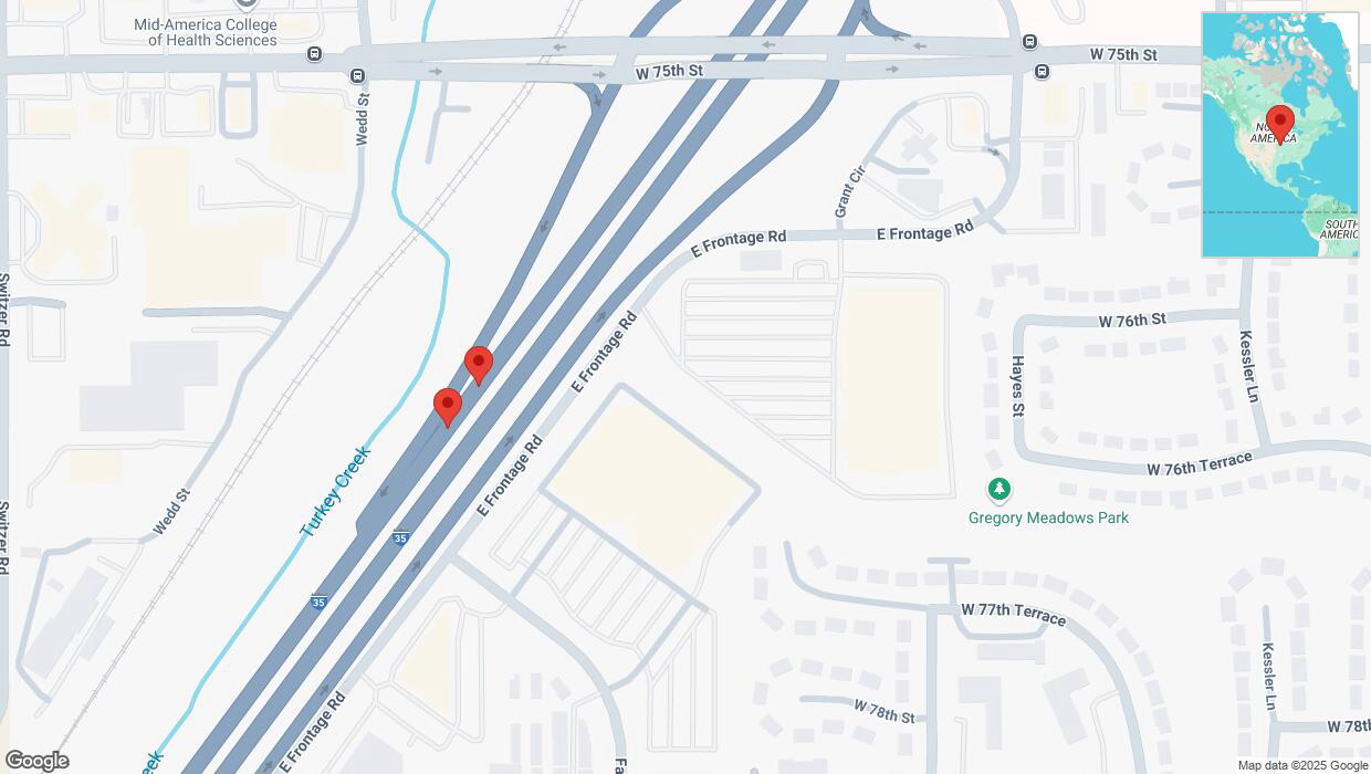 A detailed map that shows the affected road due to 'Broken down vehicle on westbound I-35 in Overland Park' on January 27th at 5:59 p.m.