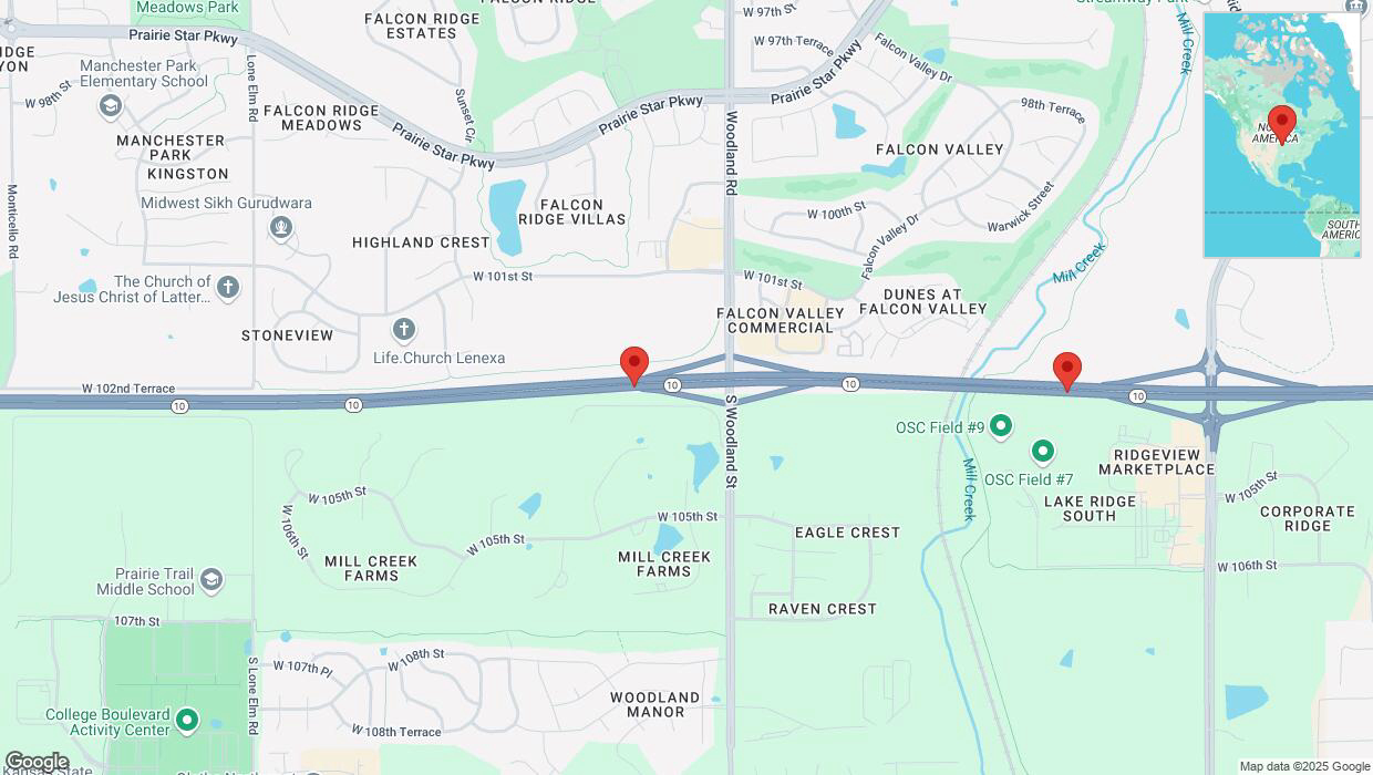 A detailed map that shows the affected road due to 'Warning: Crash on eastbound K-10 in Olathe' on January 27th at 5:51 p.m.