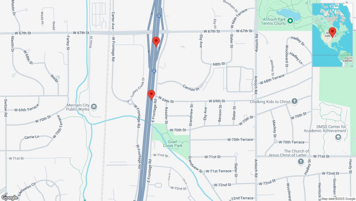 A detailed map that shows the affected road due to 'Broken down vehicle on eastbound I-35 in Overland Park' on January 28th at 1:38 p.m.