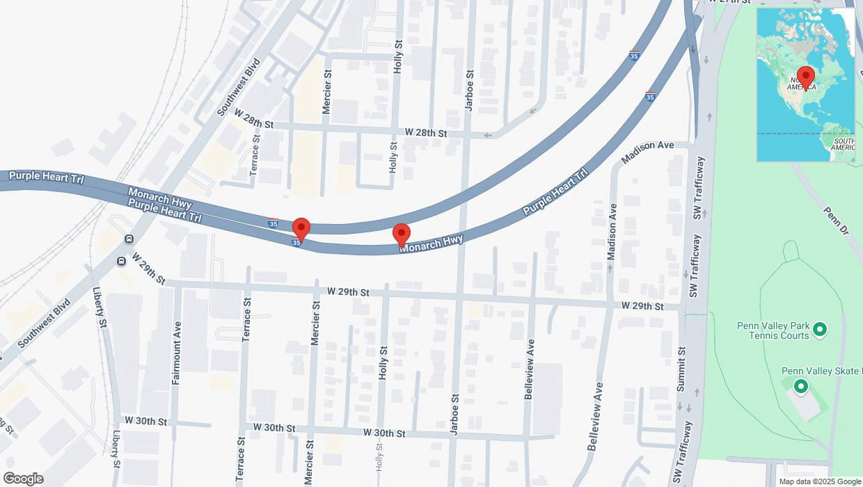 A detailed map that shows the affected road due to 'Warning: Crash on northbound I-35 in Kansas City' on January 28th at 4:46 p.m.