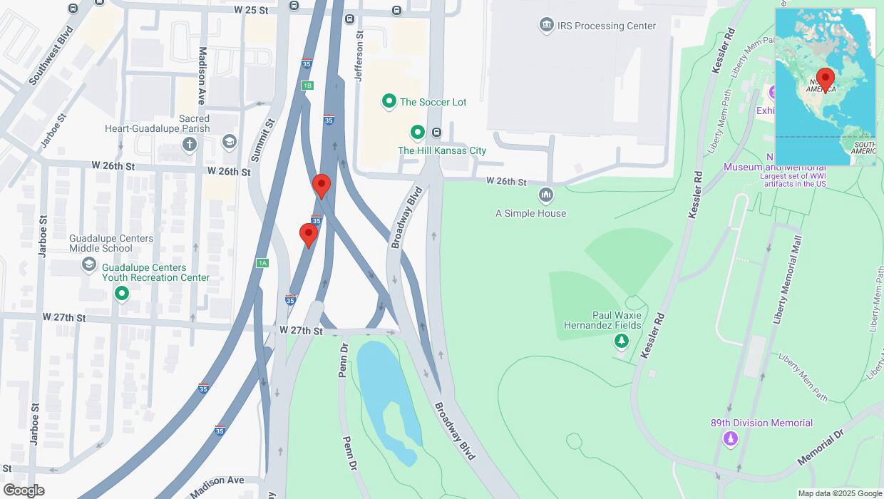 A detailed map that shows the affected road due to 'Broken down vehicle on northbound I-35 in Kansas City' on January 28th at 4:46 p.m.