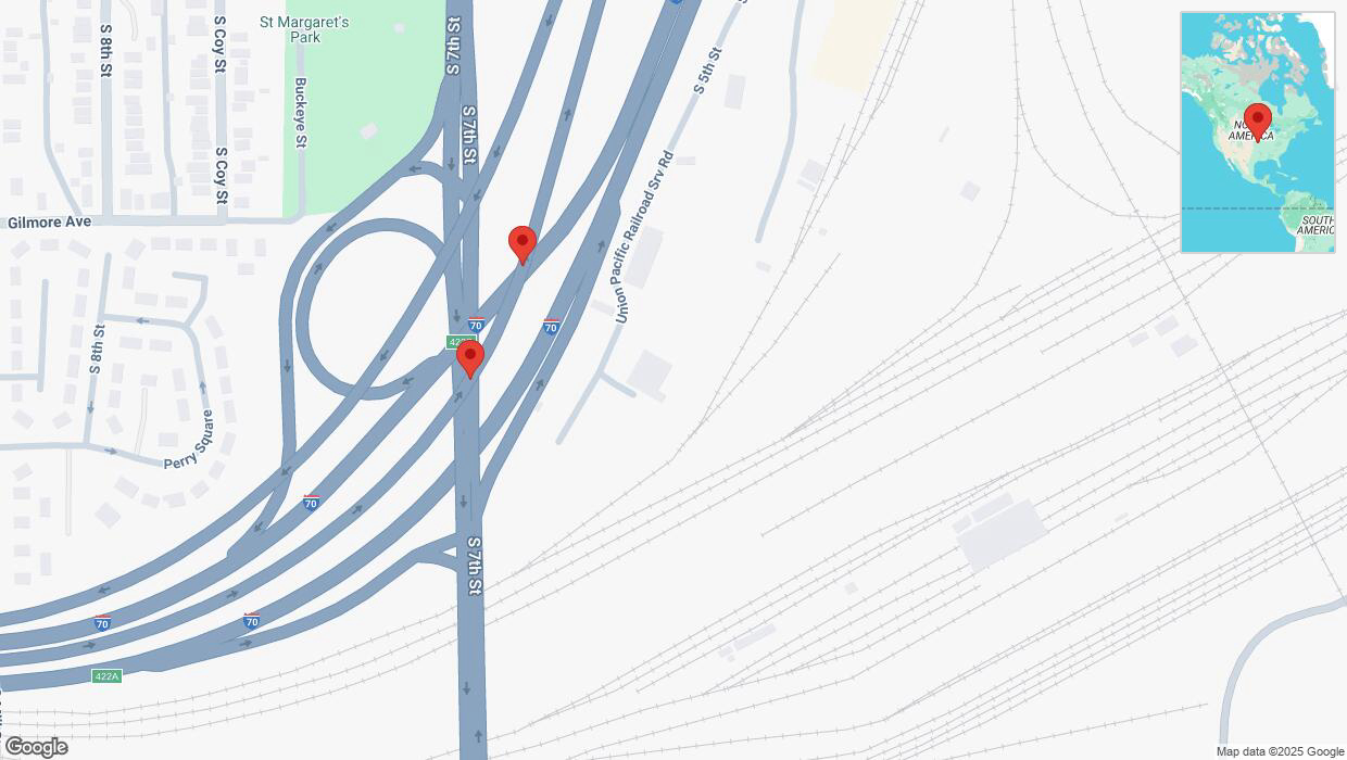 A detailed map that shows the affected road due to 'Broken down vehicle on eastbound I-670 in Kansas City' on January 28th at 7:39 p.m.