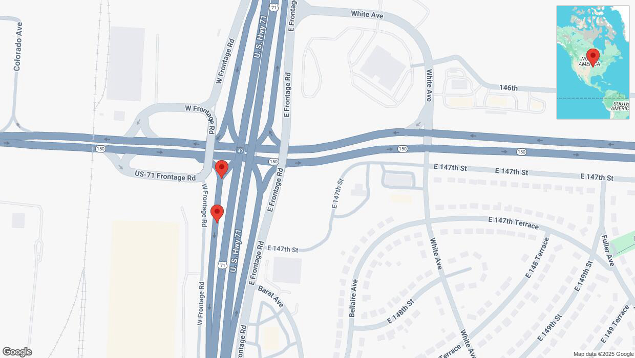 A detailed map that shows the affected road due to 'Broken down vehicle on the U. S. Highway 71 in Kansas City' on January 29th at 6:28 p.m.