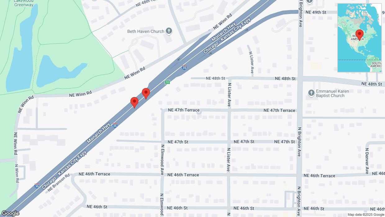 A detailed map that shows the affected road due to 'Broken down vehicle on northbound I-35 in Kansas City' on January 29th at 6:45 p.m.