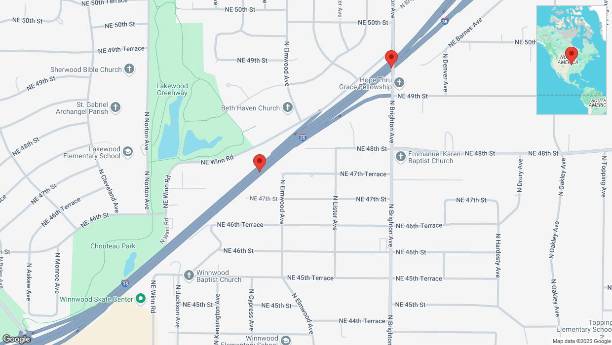 A detailed map that shows the affected road due to 'Broken down vehicle on northbound I-35 in Kansas City' on January 29th at 6:51 p.m.