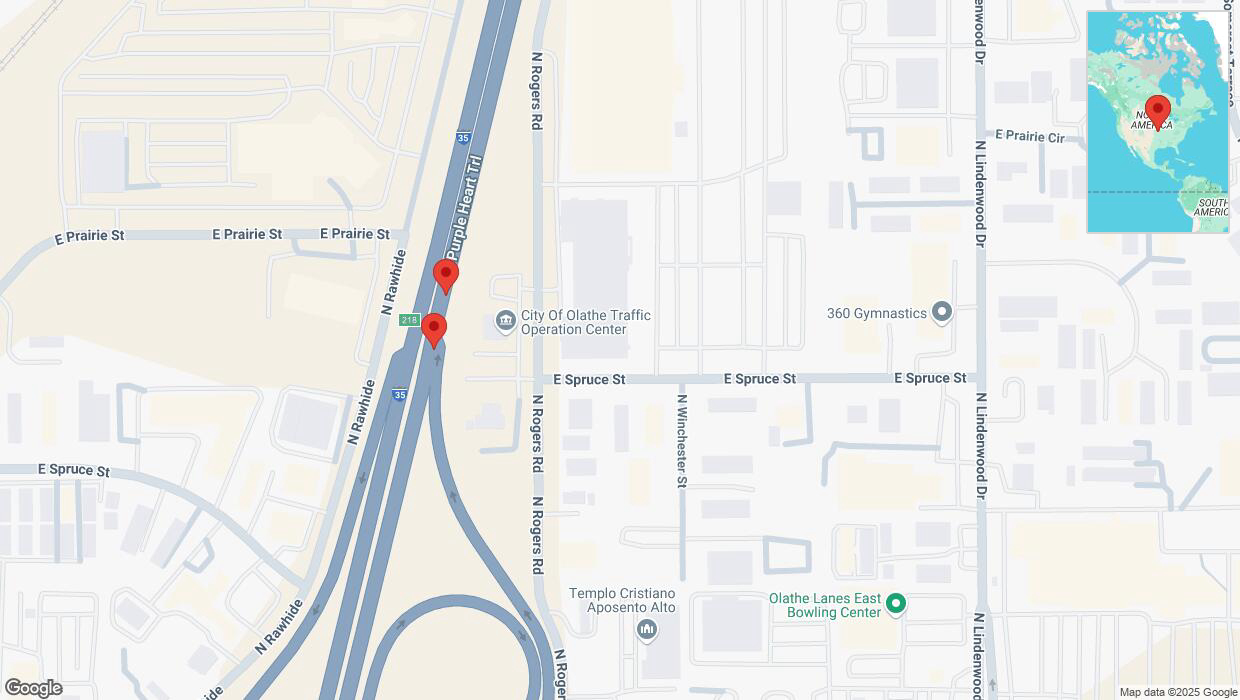 A detailed map that shows the affected road due to 'Broken down vehicle on eastbound I-35 in Olathe' on January 29th at 8:23 p.m.