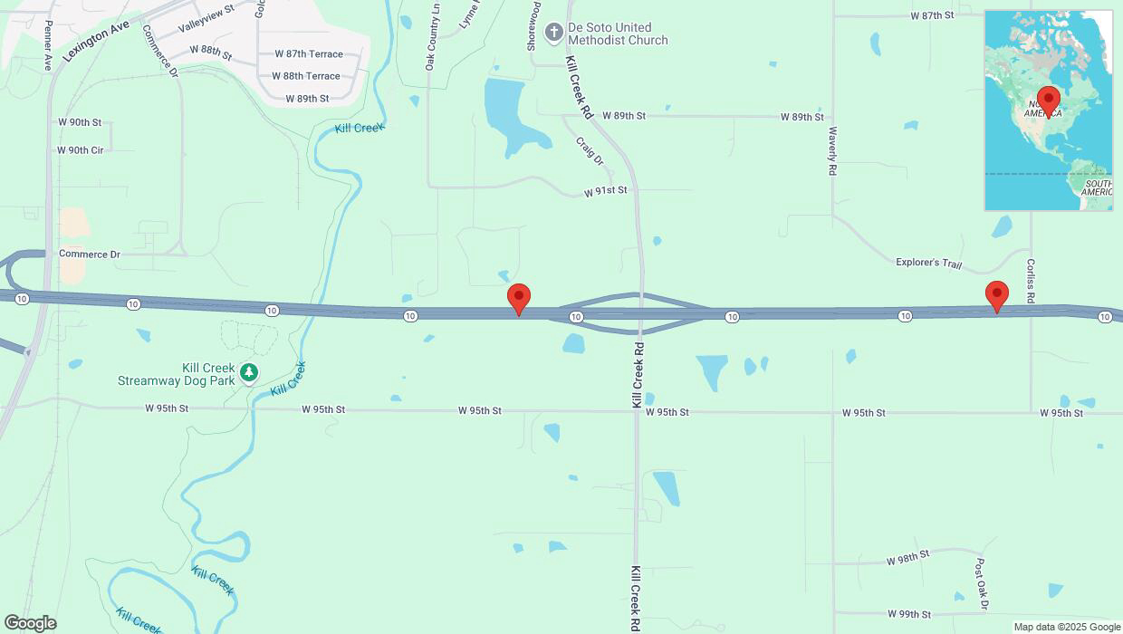 A detailed map that shows the affected road due to 'Heavy rain prompts traffic warning on eastbound K-10 in De Soto' on January 30th at 5:36 p.m.