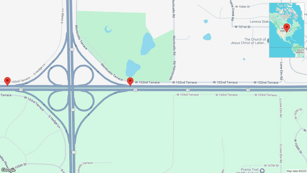 A detailed map that shows the affected road due to 'Traffic alert issued due to heavy rain conditions on westbound K-10 in Lenexa' on January 30th at 5:47 p.m.