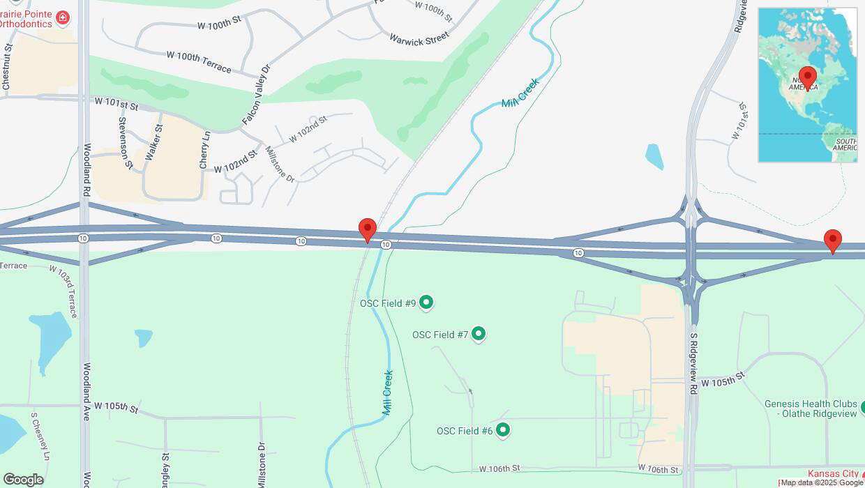 A detailed map that shows the affected road due to 'Heavy rain prompts traffic warning on eastbound K-10 in Olathe' on January 30th at 6:24 p.m.