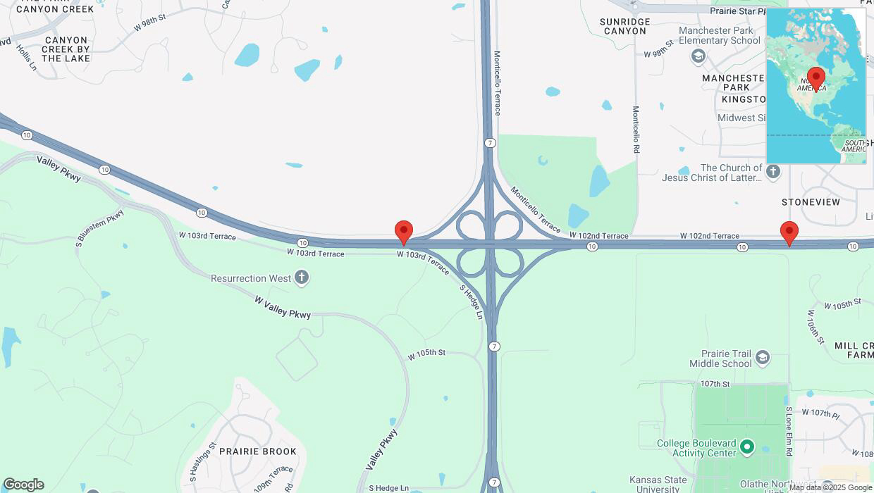 A detailed map that shows the affected road due to 'Heavy rain prompts traffic warning on eastbound K-10 in Lenexa' on January 30th at 6:24 p.m.