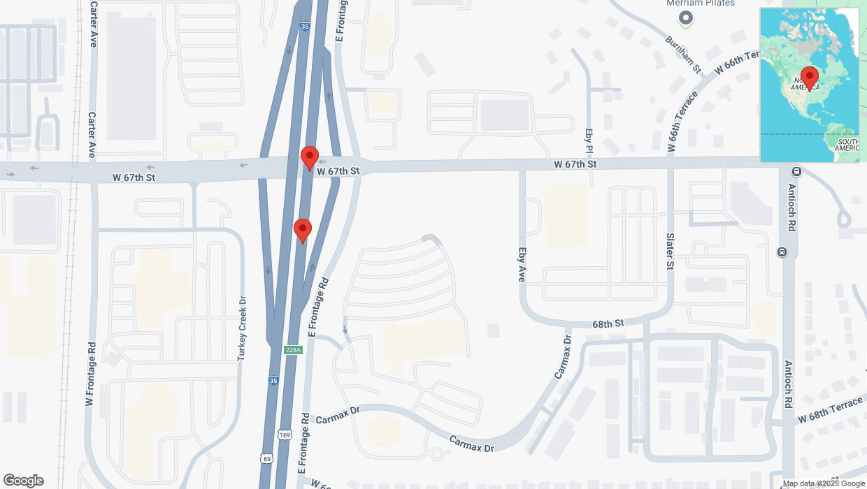 A detailed map that shows the affected road due to 'Broken down vehicle on eastbound I-35 in Merriam' on January 30th at 11:15 p.m.