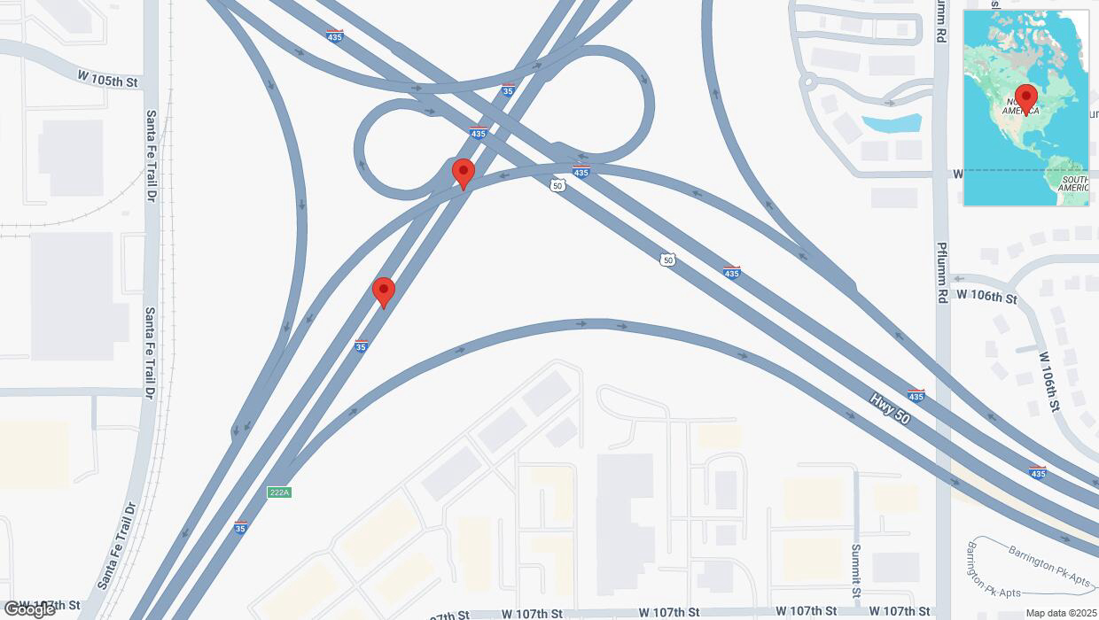 A detailed map that shows the affected road due to 'Broken down vehicle on eastbound I-35 in Lenexa' on January 31st at 4:23 p.m.