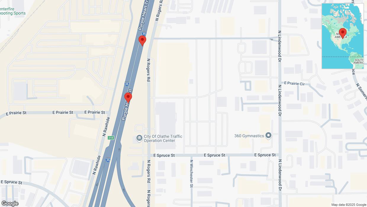 A detailed map that shows the affected road due to 'Broken down vehicle on eastbound I-35 in Olathe' on January 31st at 4:29 p.m.