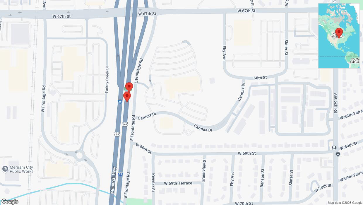 A detailed map that shows the affected road due to 'Broken down vehicle on eastbound I-35 in Merriam' on February 1st at 5 p.m.